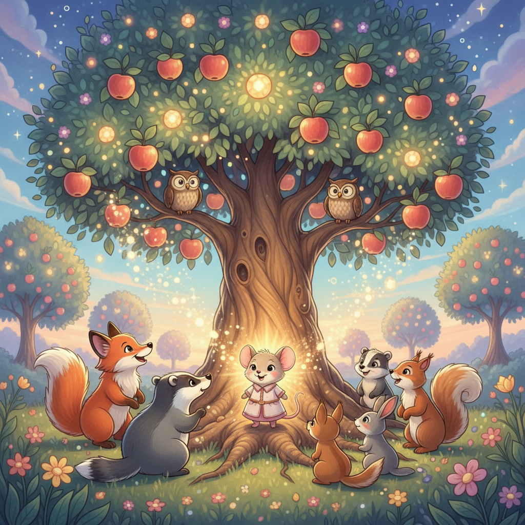 The animals gathered around Lumi, praising her bravery. They realized that their friendship and Lumi's courage had helped save the tree. The orchard seemed even more magical than before.