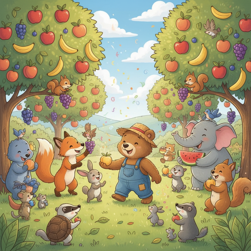 The next day, the fruits began to ripen, and the animals celebrated. Each fruit offered a special gift, a taste of happiness and kindness, to those who ate it. They shared the fruits, spreading joy throughout the orchard.