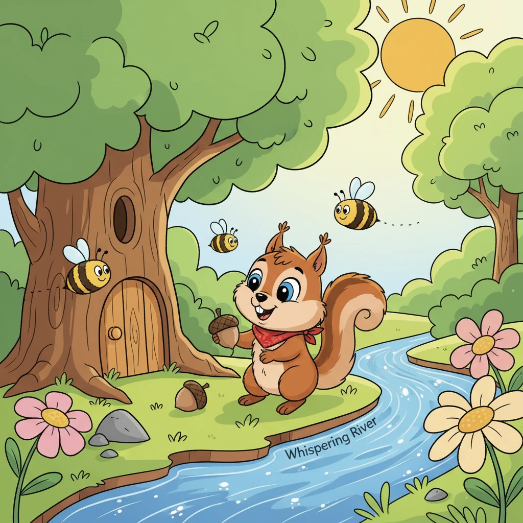 Pip, a little squirrel with a big smile, happily gathered acorns under the warm sun. His home was a cozy tree next to the sparkling, gurgling Whispering River, where water flowed with a cheerful sound. He loved his forest, full of bright green leaves and friendly buzzing bees.
