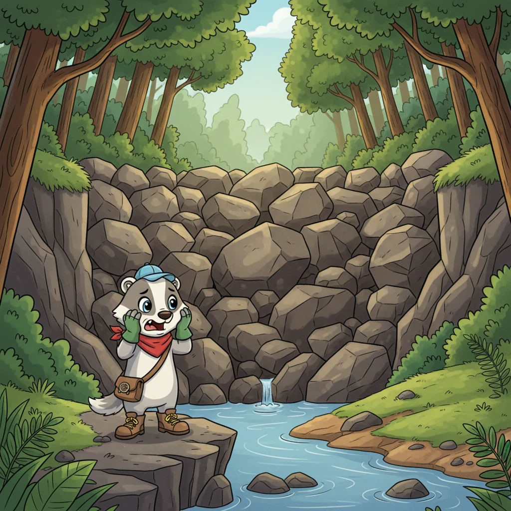 After much climbing and scurrying, Pip reached a rocky part of the forest. To his dismay, a huge pile of fallen rocks had created a dam, almost completely blocking the river's flow. Only a tiny trickle of water managed to seep through.
