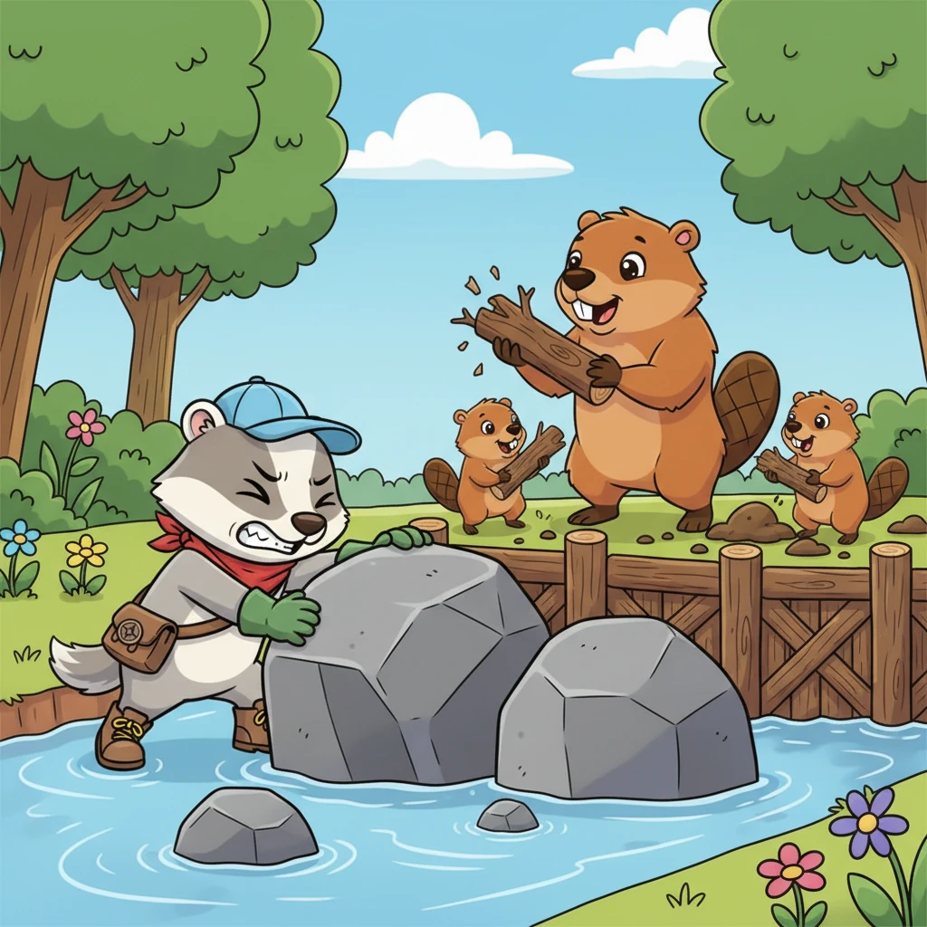 Pip tried to push the heavy rocks, but they wouldn't budge. Just then, he heard a busy chattering sound and spotted a family of beavers nearby, diligently gnawing on logs and building their own impressive dam. They looked very strong!