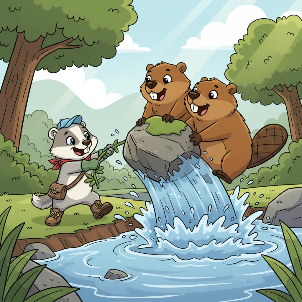 Working together, Pip and the beavers began to dislodge the large rocks with their strong teeth and clever paws. With a mighty push from the beavers and a final tug from Pip, the last big rock tumbled aside! The Whispering River burst forth, gushing and gurgling with renewed joy.