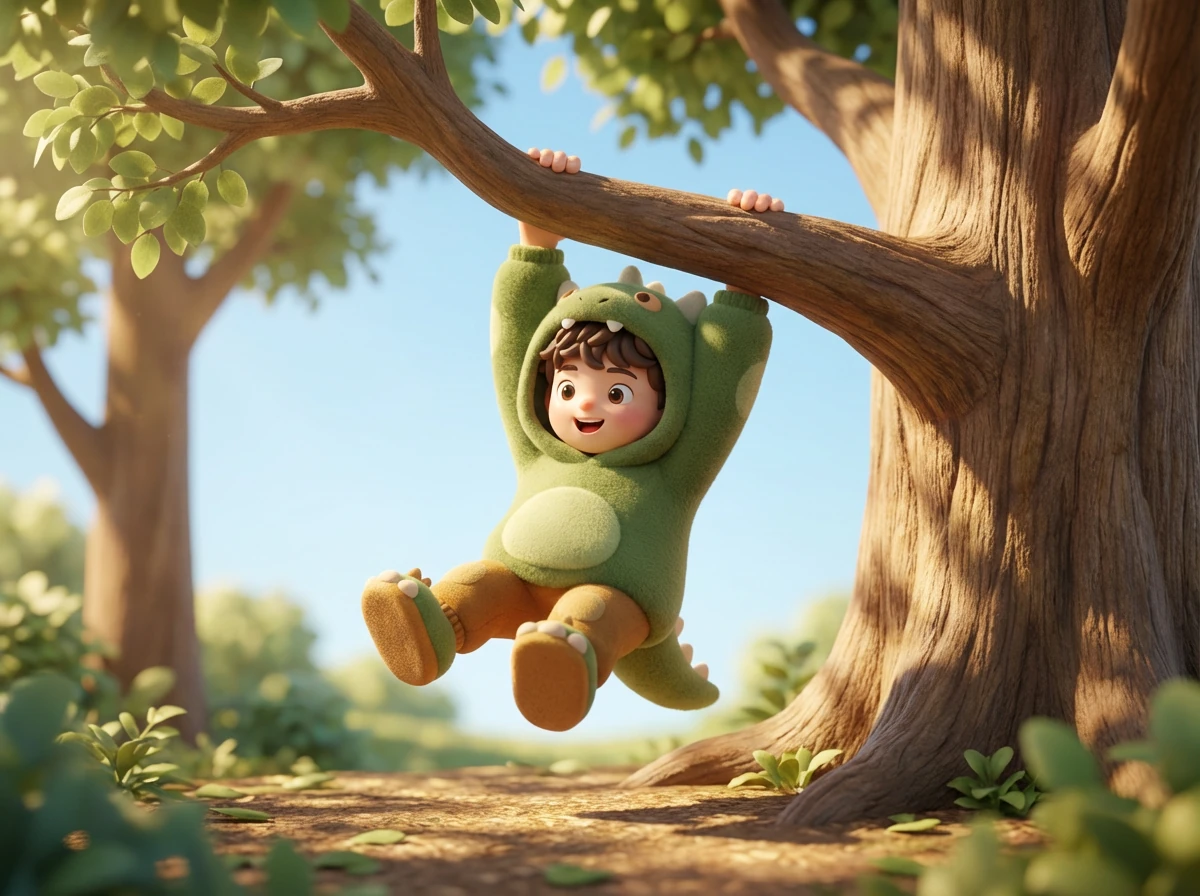 巨大なブラキオサウルスが、背の高い木から食べるために首を伸ばしています。足元は緑豊かな草地です。