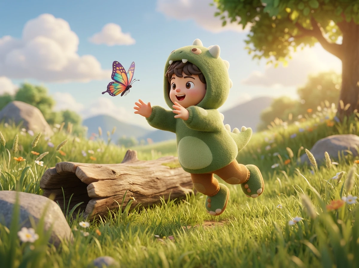 ガリミムスの群れが3羽、丸太を飛び越えて走っています。背景には緑の谷が広がっています。