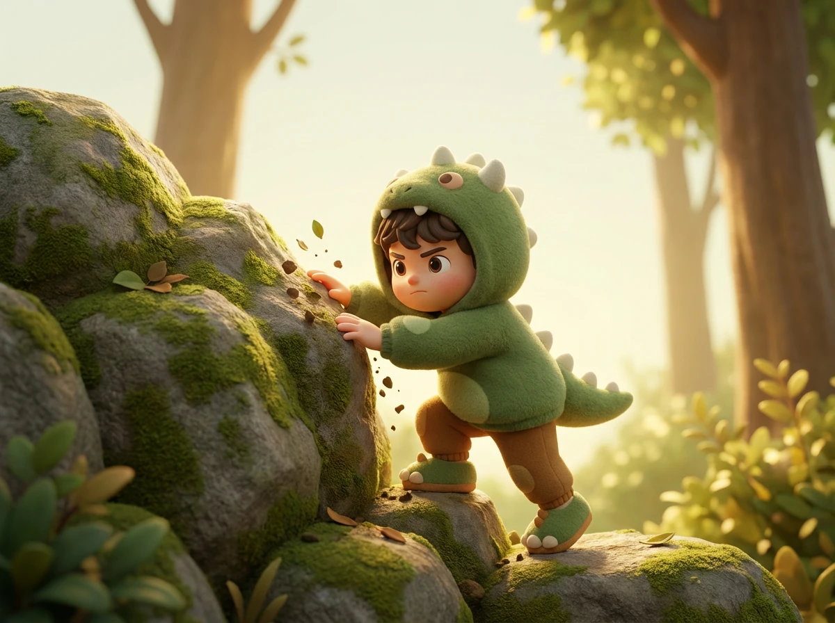 小さな緑色のコンプソグナトゥスの群れが、巨大に見える葉と小枝のある森の床にいます。