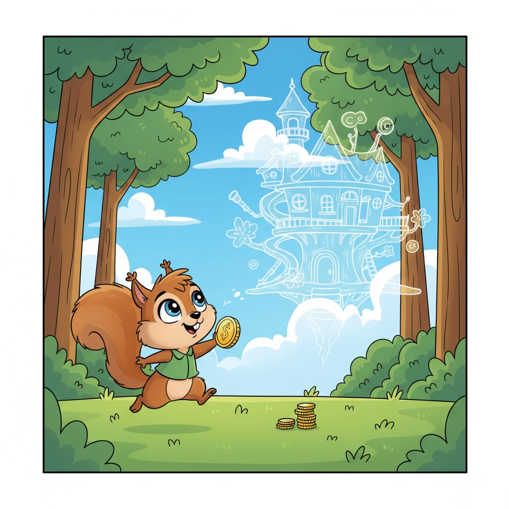 Esmeralda Economia, uma esquilo cheia de energia, saltitava com uma pequena moeda brilhante na pata. Ela sonhava em construir a casa na árvore mais fantástica da floresta, completa com escorregadores e uma torre de observação. Seus olhos cintilavam com imaginação, mas sua pequena pilha de moedas parecia tão diminuta comparada ao seu grande plano. Ela suspirou, olhando para o vazio onde sua casa dos sonhos deveria estar.
