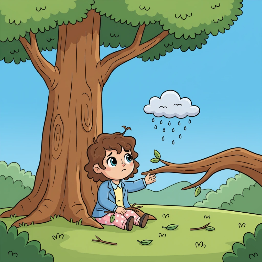 Frustrada, Esmeralda sentou-se na base de uma grande árvore, olhando para o céu azul. Ela tinha alguns galhos e folhas, mas não o suficiente para a grandiosa estrutura que imaginava. Sua patinha pequena mal conseguia alcançar os galhos mais baixos. Parecia que seu sonho estava muito, muito distante, e uma nuvenzinha de tristeza pairava sobre sua cabeça fofa.