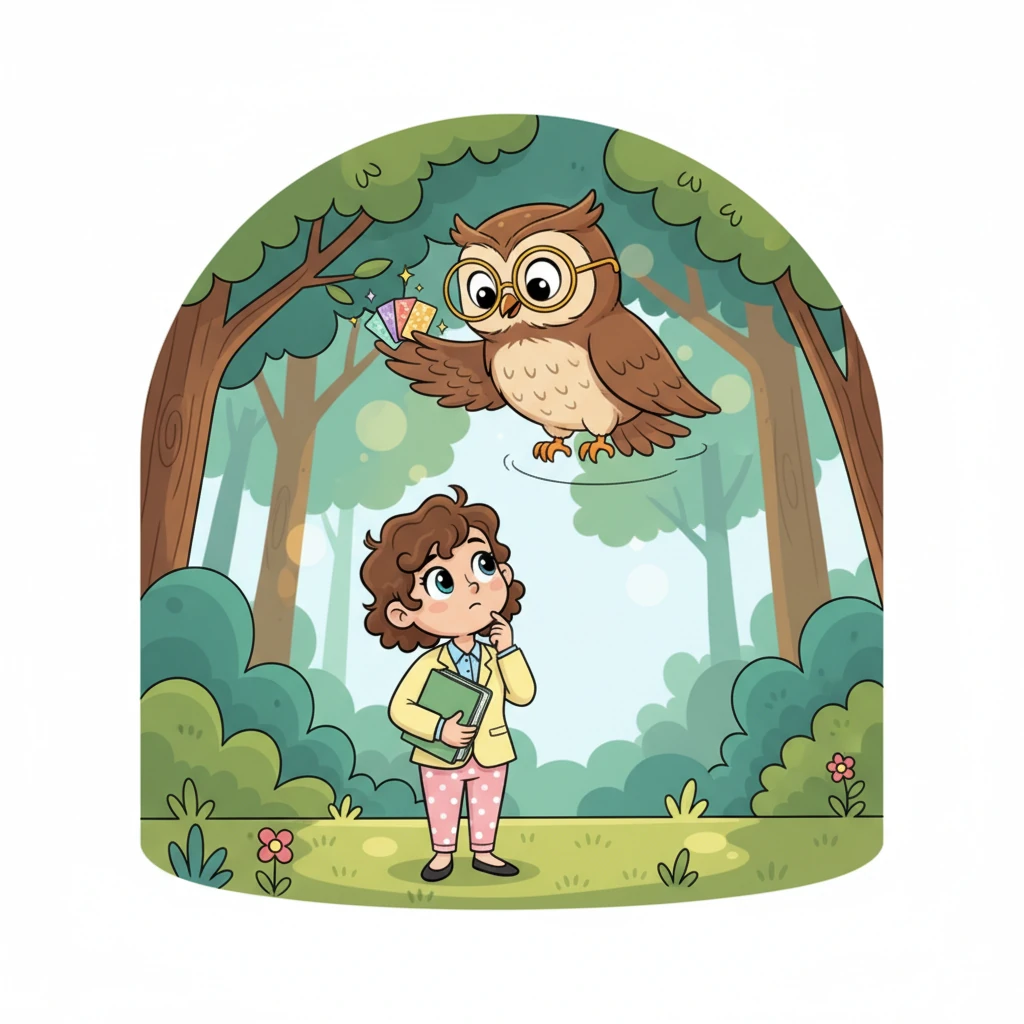 De repente, um suave "Hoo-hoo!" ecoou de cima. Era o Professor Sabichão, uma coruja sábia com óculos redondos e um sorriso gentil, empoleirado em um galho. Ele desceu voando suavemente, segurando um pequeno baralho de cartões coloridos e brilhantes. "Qual é o problema, pequena sonhadora?", perguntou ele com sua voz calma e acolhedora.
