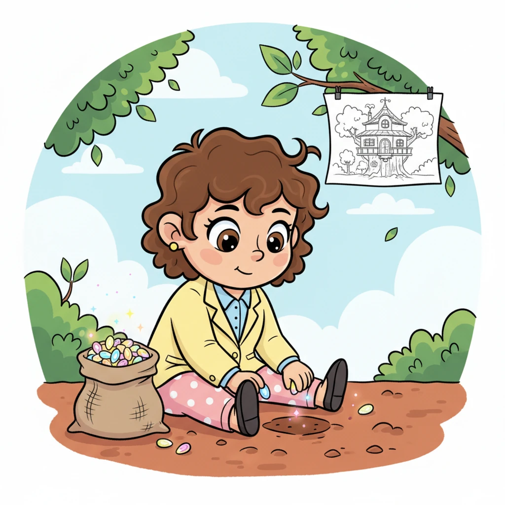 Esmeralda, curiosa, pegou o cartão de sementes. Com um piscar de olhos, ela tinha um pequeno saco de sementes brilhantes em suas patinhas. Com entusiasmo, ela escolheu um pedaço de terra ensolarado perto de sua futura casa na árvore. Ela cuidadosamente plantou cada semente, imaginando o que elas se tornariam.