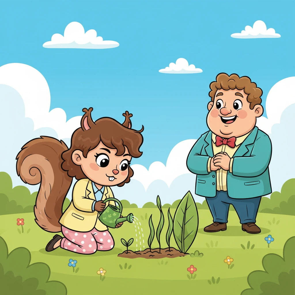 Dias se transformaram em semanas, e Esmeralda cuidou de suas plantinhas com dedicação. Ela as regava com um pequeno regador de folha e as protegia dos ventos fortes. O Professor Sabichão observava de longe, sorrindo ao ver a determinação da pequena esquilo. As plantinhas começaram a crescer, finas e verdes, alcançando o sol.