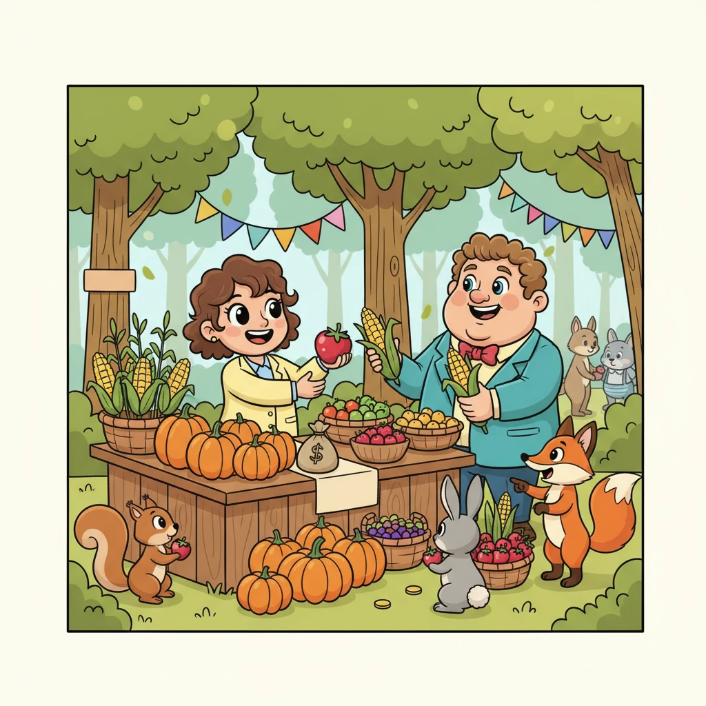 Logo, o jardim de Esmeralda estava repleto de abóboras gordas, milhos altos e bagas suculentas. Ela colheu a abundância com um sorriso radiante. Com a ajuda do Professor Sabichão, ela montou uma pequena barraca no mercado da floresta. Os outros animais ficaram maravilhados com seus produtos frescos, e Esmeralda vendeu muitos deles, enchendo sua sacola de moedas.