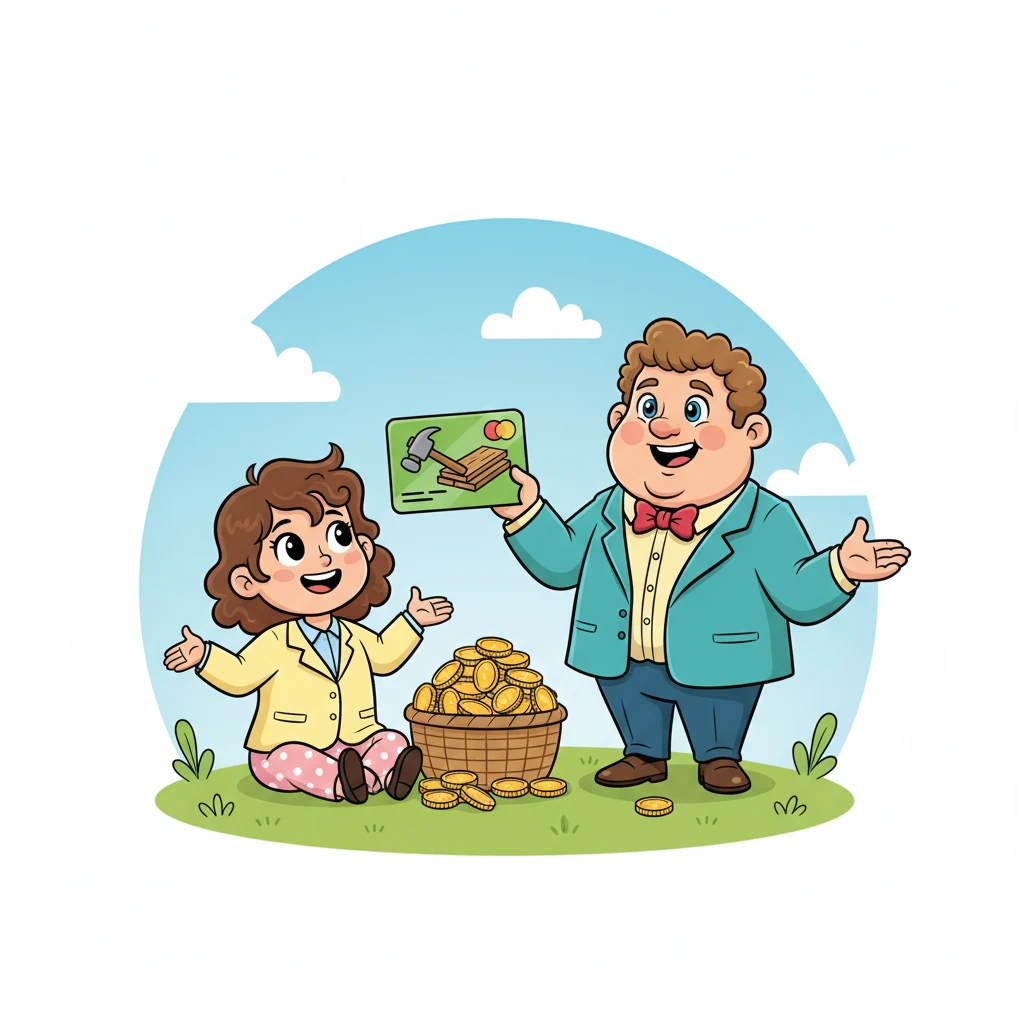 Esmeralda contou suas moedas, que agora eram muitas! O Professor Sabichão explicou que, ao usar o "Cartão Inteligente" de sementes com responsabilidade, ela havia construído confiança. "Agora", disse ele, "você 'ganhou' acesso a um cartão maior, o 'Cartão Ferramenta'!" Ele lhe entregou um cartão que mostrava um martelo e tábuas de madeira.