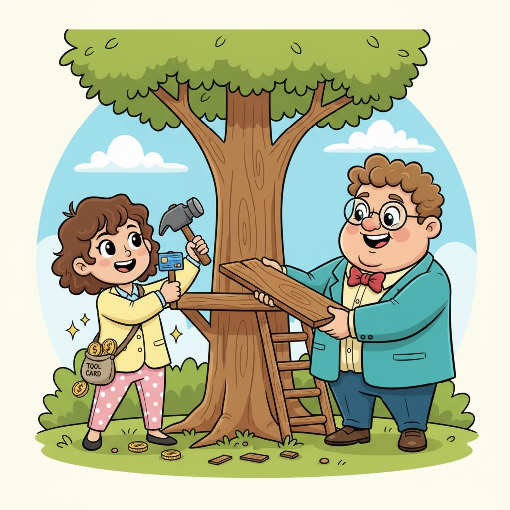 Com suas moedas economizadas e o novo "Cartão Ferramenta", Esmeralda estava pronta para construir. Ela planejou cada detalhe, escolheu as melhores tábuas e martelou com vigor. O Professor Sabichão a ajudava, segurando as tábuas e oferecendo conselhos sábios. A estrutura da casa na árvore começou a tomar forma, alta e forte.