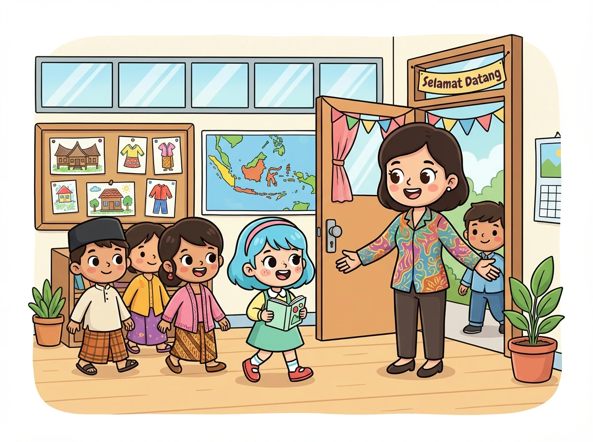 Di sebuah kelas yang ceria, Ibu Ani menyambut murid-muridnya dengan senyuman hangat. Hari ini, Ibu Ani akan menjelaskan tentang keberagaman sosial dan budaya yang ada di Indonesia.