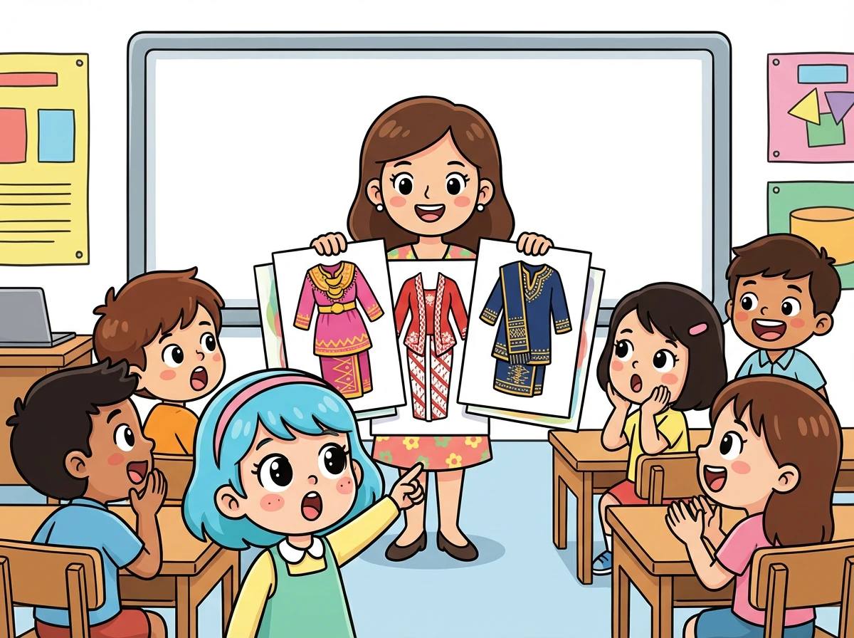 Ibu Ani mulai menunjukkan gambar-gambar berbagai macam pakaian adat dari seluruh Indonesia. Ada baju bodo dari Sulawesi Selatan, kebaya dari Jawa, dan ulos dari Sumatera Utara. Murid-murid terpukau melihatnya.