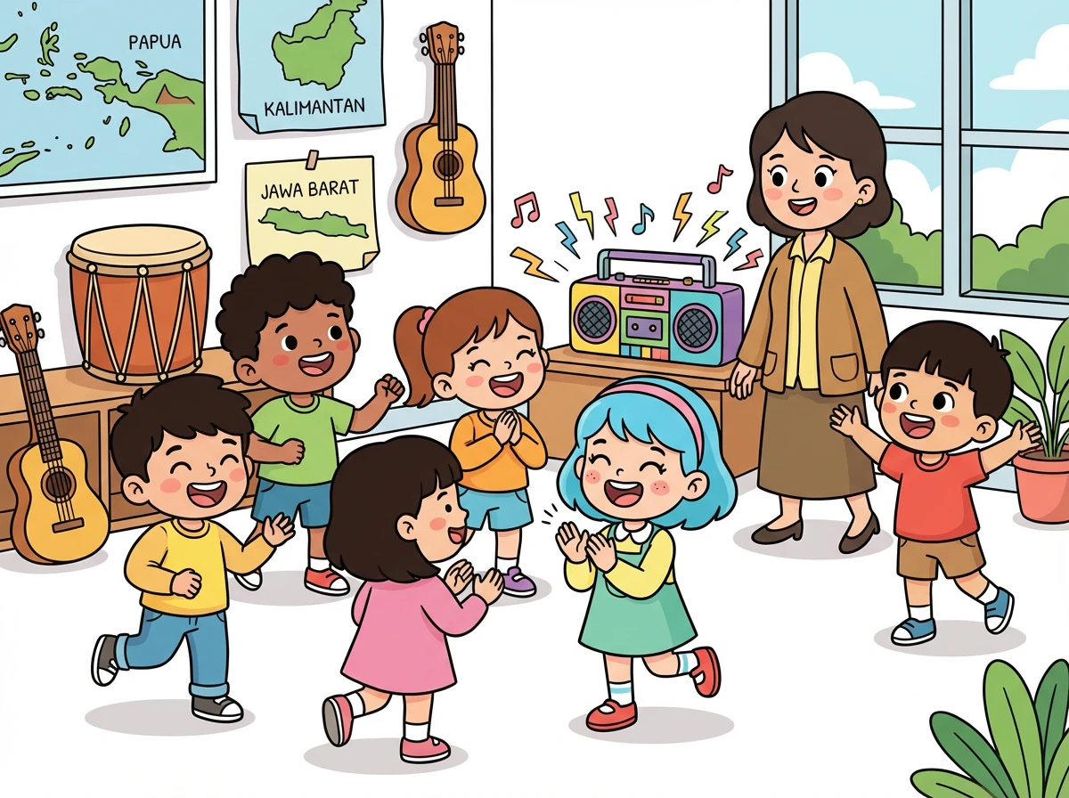 Kemudian, Ibu Ani memperdengarkan lagu-lagu daerah dari berbagai provinsi. Ada lagu 'Apuse' dari Papua, 'Ampar-Ampar Pisang' dari Kalimantan Selatan, dan 'Manuk Dadali' dari Jawa Barat. Kelas menjadi riuh dengan suara musik.