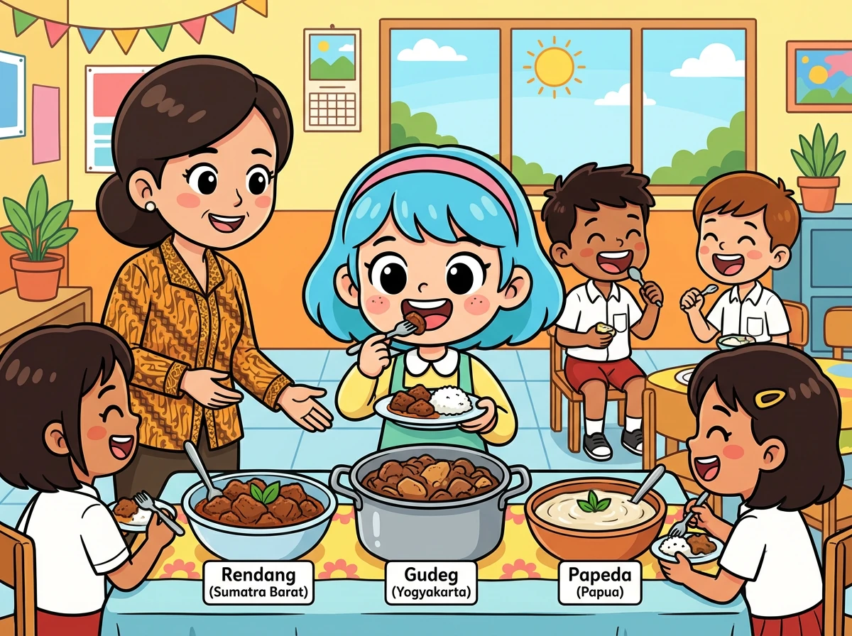 Giliran makanan! Ibu Ani membawa berbagai macam makanan khas daerah. Ada rendang dari Sumatera Barat, gudeg dari Yogyakarta, dan papeda dari Papua. Murid-murid mencicipi dengan gembira.