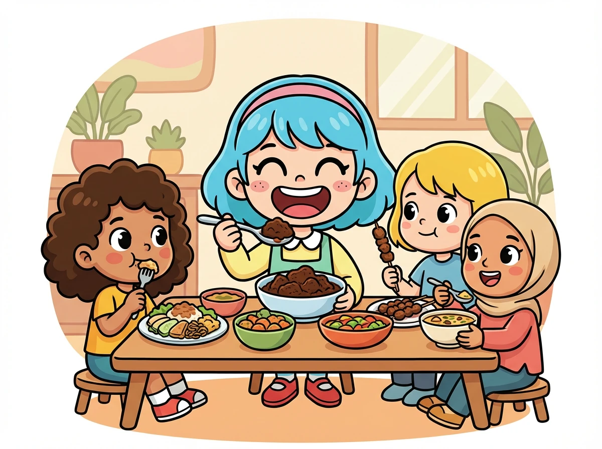 Rina mencoba rendang dan merasa sangat enak. Teman-temannya juga menikmati makanan yang berbeda-beda. Mereka belajar bahwa setiap daerah memiliki ciri khas yang unik.