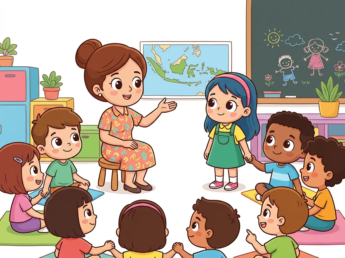 Ibu Ani menjelaskan bahwa meskipun berbeda, mereka semua adalah satu, yaitu bangsa Indonesia. Ia mengajak murid-murid untuk saling menghormati dan menghargai perbedaan yang ada.