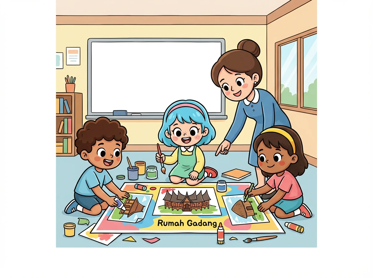 Setelah penjelasan Ibu Ani, murid-murid dibagi menjadi beberapa kelompok untuk membuat proyek tentang keberagaman. Rina dan teman-temannya membuat poster tentang rumah adat di Indonesia.