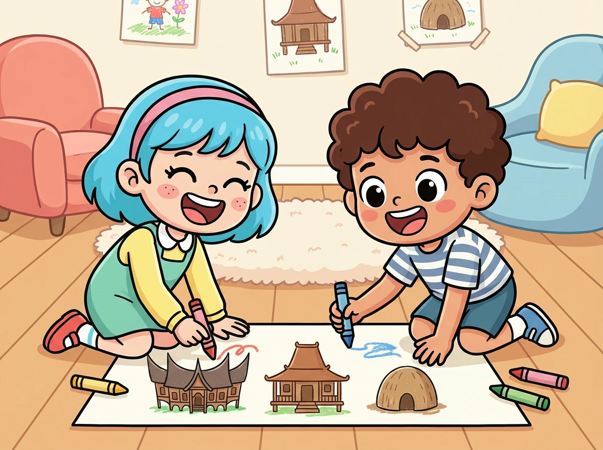 Mereka menggambar rumah gadang dari Sumatera Barat, rumah joglo dari Jawa Tengah, dan rumah honai dari Papua. Mereka bekerja sama dengan senang hati.