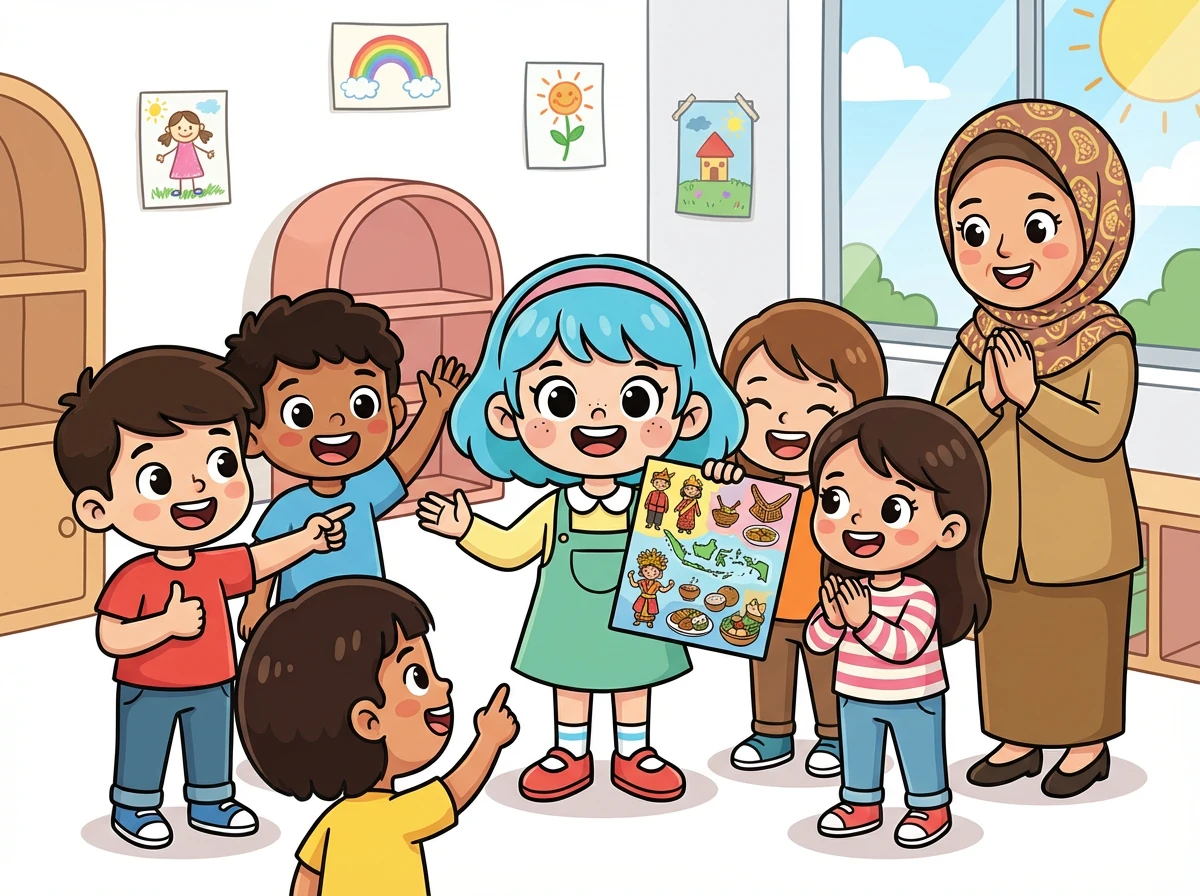 Di akhir pelajaran, Rina dan teman-temannya mempresentasikan hasil proyek mereka. Mereka bangga dengan keberagaman Indonesia dan berjanji akan selalu menjaganya. Ibu Ani tersenyum bangga melihat murid-muridnya.