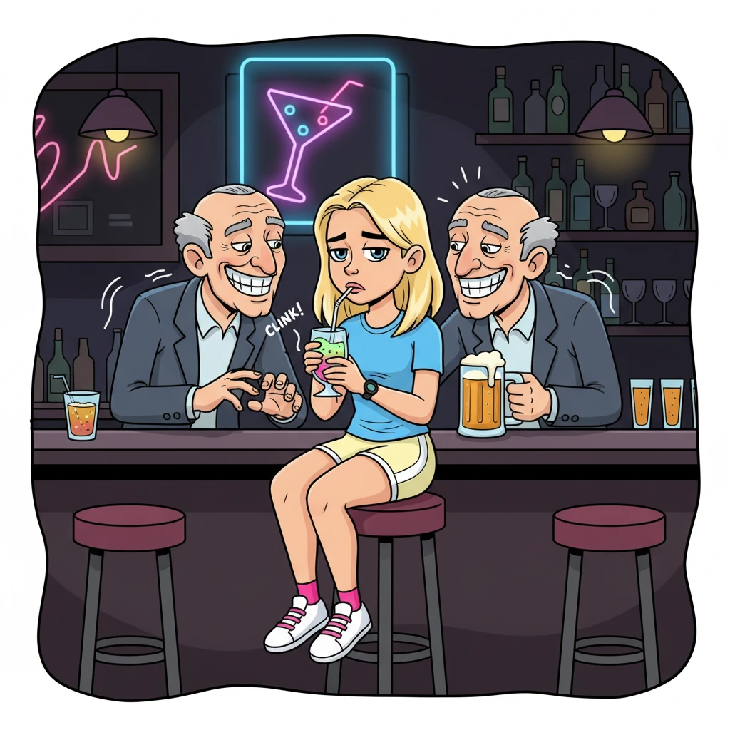 Max, looking bored and a bit out of place, sips a drink at a dimly lit bar, the neon signs casting playful but eerie glows. Two sleazy, older men with exaggerated, leering grins hover too close, trying to engage her in conversation. The air feels thick with unwelcome attention and the clinking of glasses.