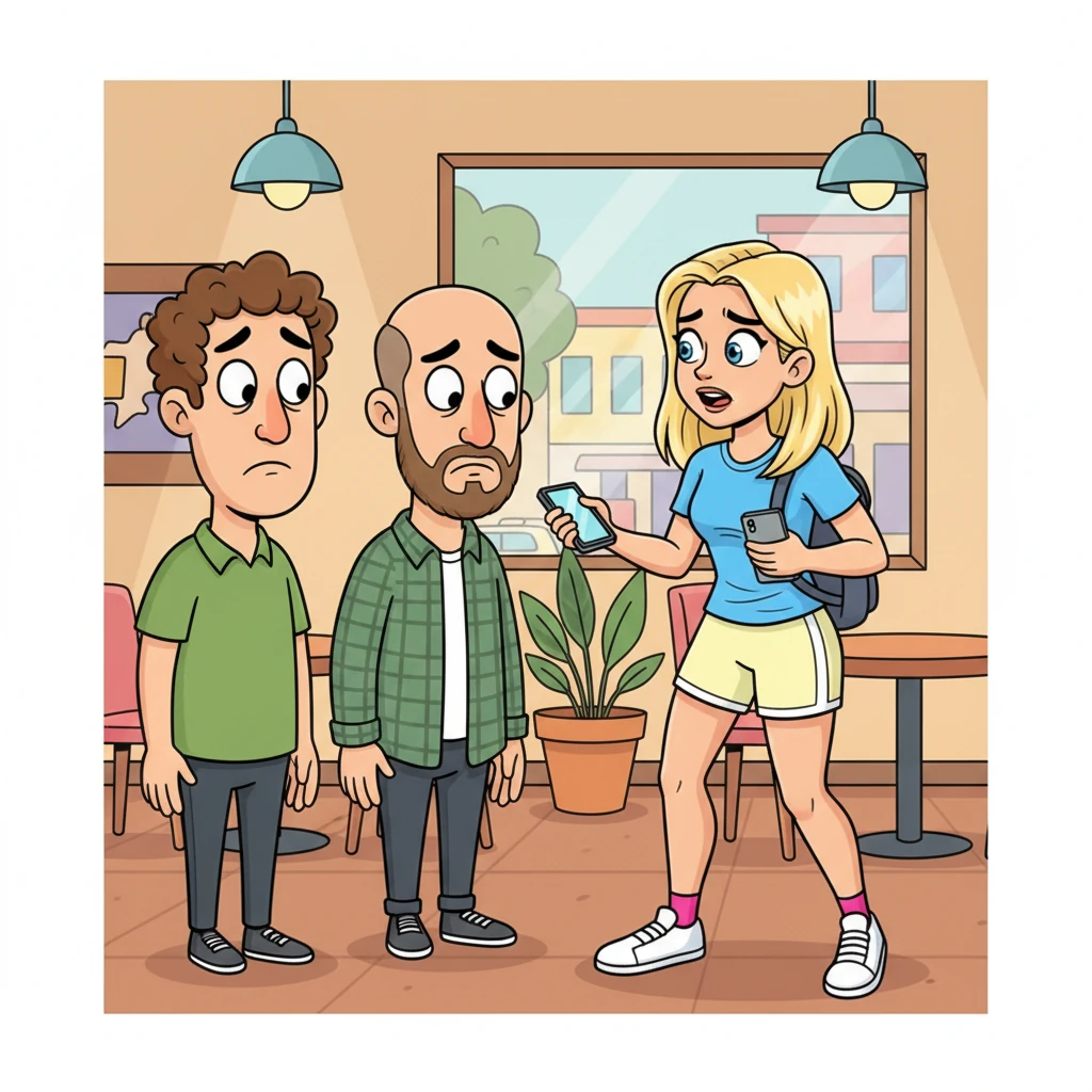 Max, visibly uncomfortable, tries to politely decline the men's persistent advances, her bright blue eyes darting nervously around the room. She quickly gathers her belongings, determined to escape the suffocating atmosphere before things escalate. The men look disappointed, their smiles turning sour and their cartoonishly exaggerated features drooping.