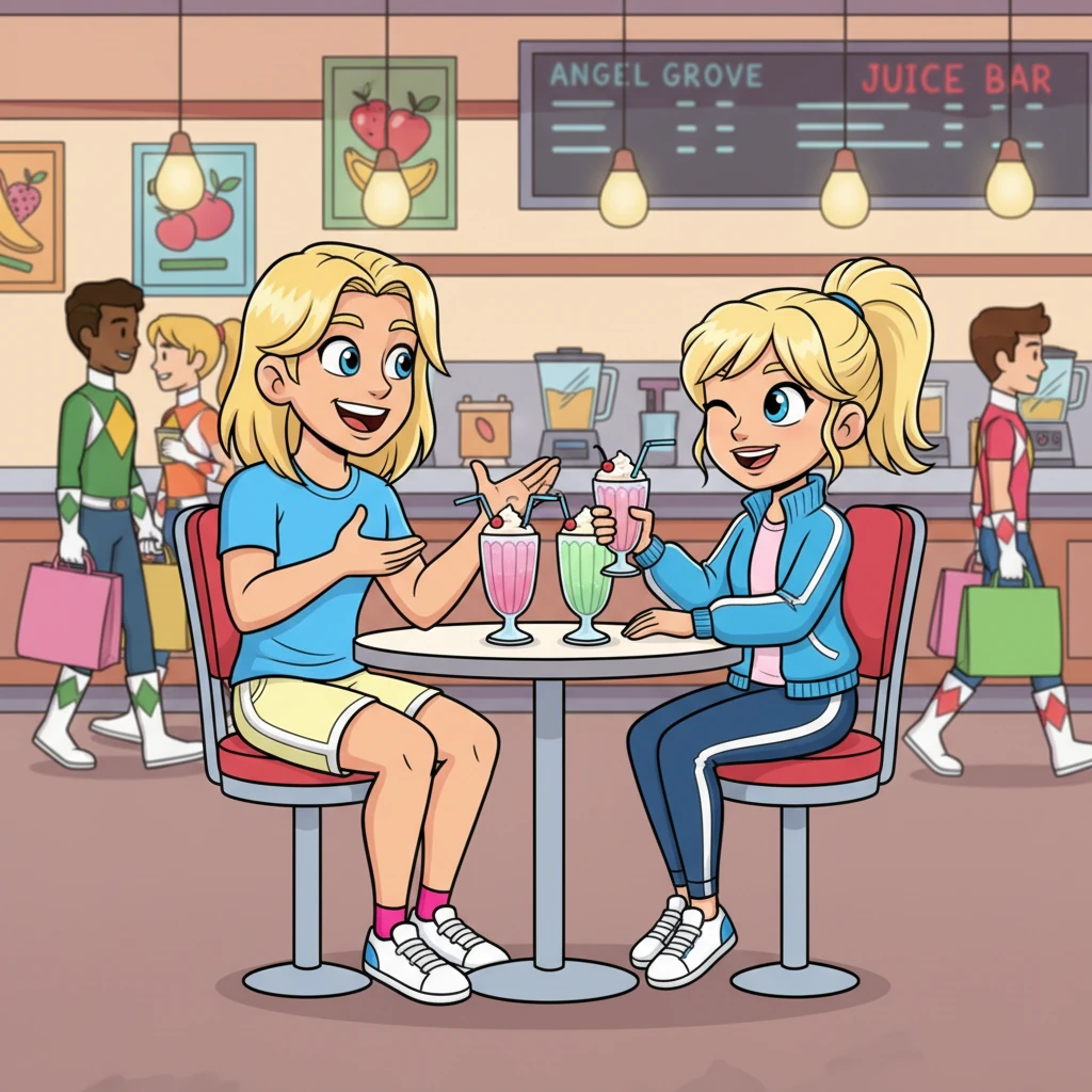 The next day, Max finds a moment of peace at the bustling Angel Grove Juice Bar, chatting animatedly with Kimberly, who offers a warm, friendly smile and a playful wink. They laugh over milkshakes, a stark contrast to Max's previous night, as other Power Rangers briefly pass by in the background, their presence exuding youthful energy.