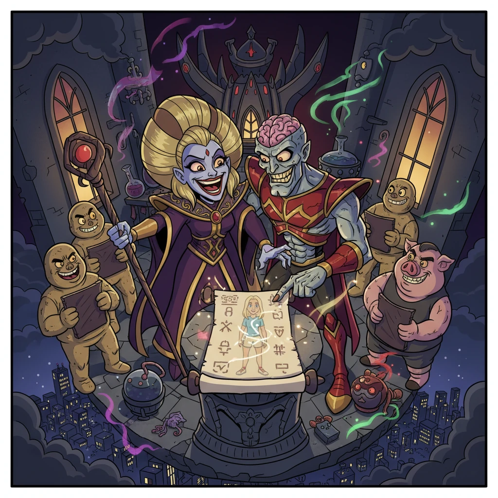 High above Angel Grove, Rita Repulsa and Lord Zedd cackle gleefully in their dark, whimsical palace, surrounded by exaggeratedly evil henchmen. They pore over ancient scrolls, revealing Max's hidden lineage and the dormant White Tiger Power, their eyes gleaming with wicked anticipation for their 'Evil Ranger Scheme'.