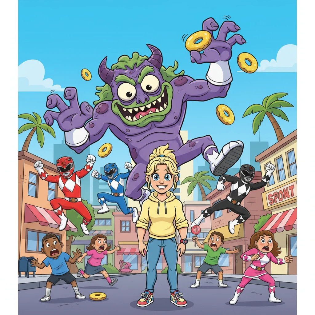 A monstrous, cartoonishly grotesque creature, conjured by Rita and Zedd, attacks Angel Grove, causing playful chaos and panic as exaggeratedly terrified citizens scatter. The Power Rangers leap into action, their colorful forms a blur against the bright city skyline, while Max is separated from the crowd, wide-eyed and vulnerable.