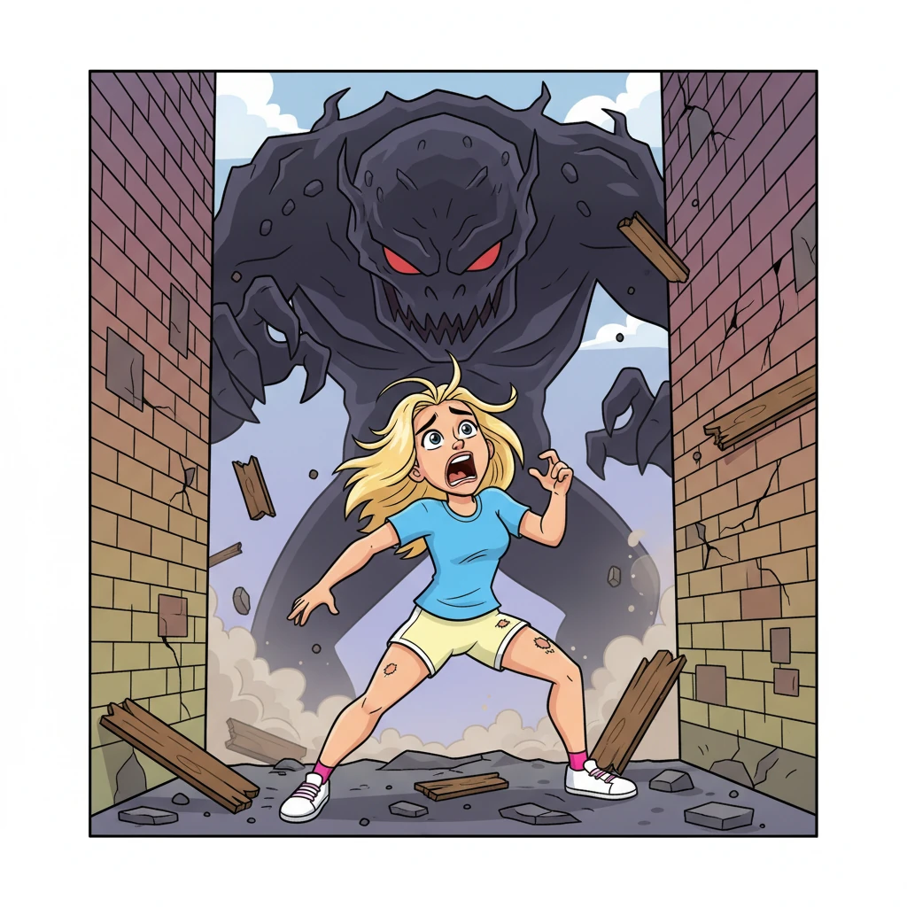 Cornered in a collapsing alleyway by the monster, Max stumbles, her clothes tearing slightly from the debris and her hair disheveled. The monster's enormous, shadowy form looms over her, creating a moment of intense vulnerability and fear, hinting at a loss of personal space as she faces imminent danger, her face contorted in a scream.