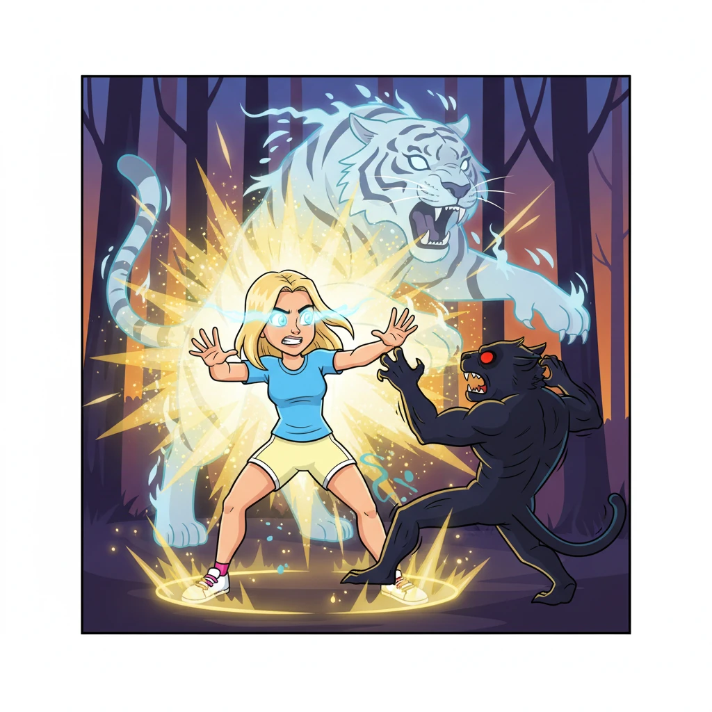 In a burst of pure, primal fear and defiance, a shimmering golden aura erupts around Max, pushing back the monster with unseen force. Her eyes glow with an inner light, and a faint, spectral white tiger briefly manifests behind her, its powerful form radiating raw, untamed energy.