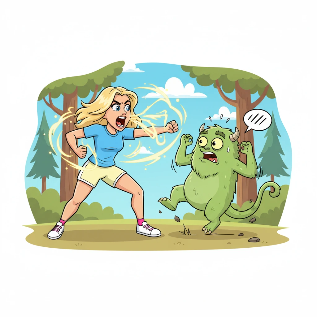 Max, still partially engulfed in the shimmering golden energy, unleashes a powerful, instinctual roar, sending the monster reeling back with a cartoonish yelp. She isn't fully transformed, but her movements are fluid and strong, a nascent warrior emerging from the chaos, her pose dynamic and powerful.