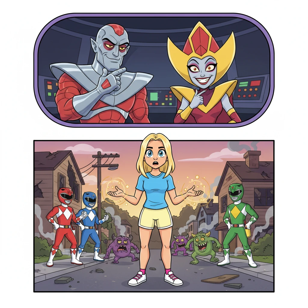 The Power Rangers arrive to find Max standing amidst the monster's retreat, her eyes wide with shock and confusion, the golden energy fading around her. Rita and Zedd watch from afar on their viewscreen, Lord Zedd stroking his chin, a sinister, exaggerated grin spreading across Rita's face, pleased their plan is unfolding perfectly.