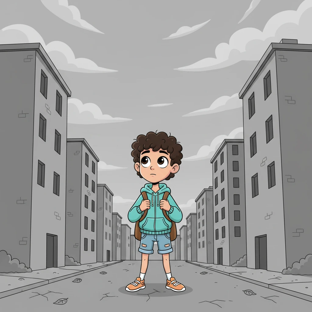 The city had no sound. No cars, no voices, not even the wind dared to speak. Eli, a slim boy with short dark hair and curious eyes, wearing a blue jacket and brown backpack, stood at the edge of the street, holding his backpack tightly, staring at the silent, towering gray buildings that touched the soft, gray sky.