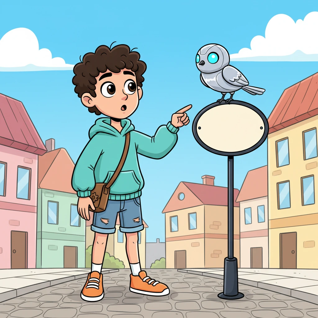 Suddenly, something moved. A small, sleek metallic bird with silver feathers and glowing blue eyes landed softly on a nearby street sign. Its voice was soft but clear, "I am Luna. You are not supposed to be here."