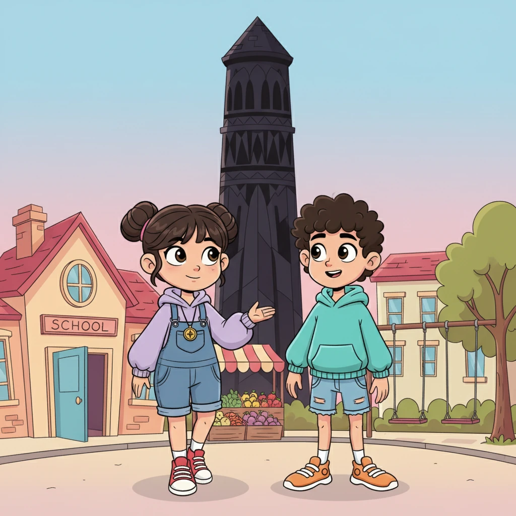 Luna led Eli through the quiet, empty city. They passed silent schools with open doors, frozen markets with untouched goods, and parks where swings hung motionless. At the very center of it all stood a tall, dark black tower, which Luna called the Heart of the City.