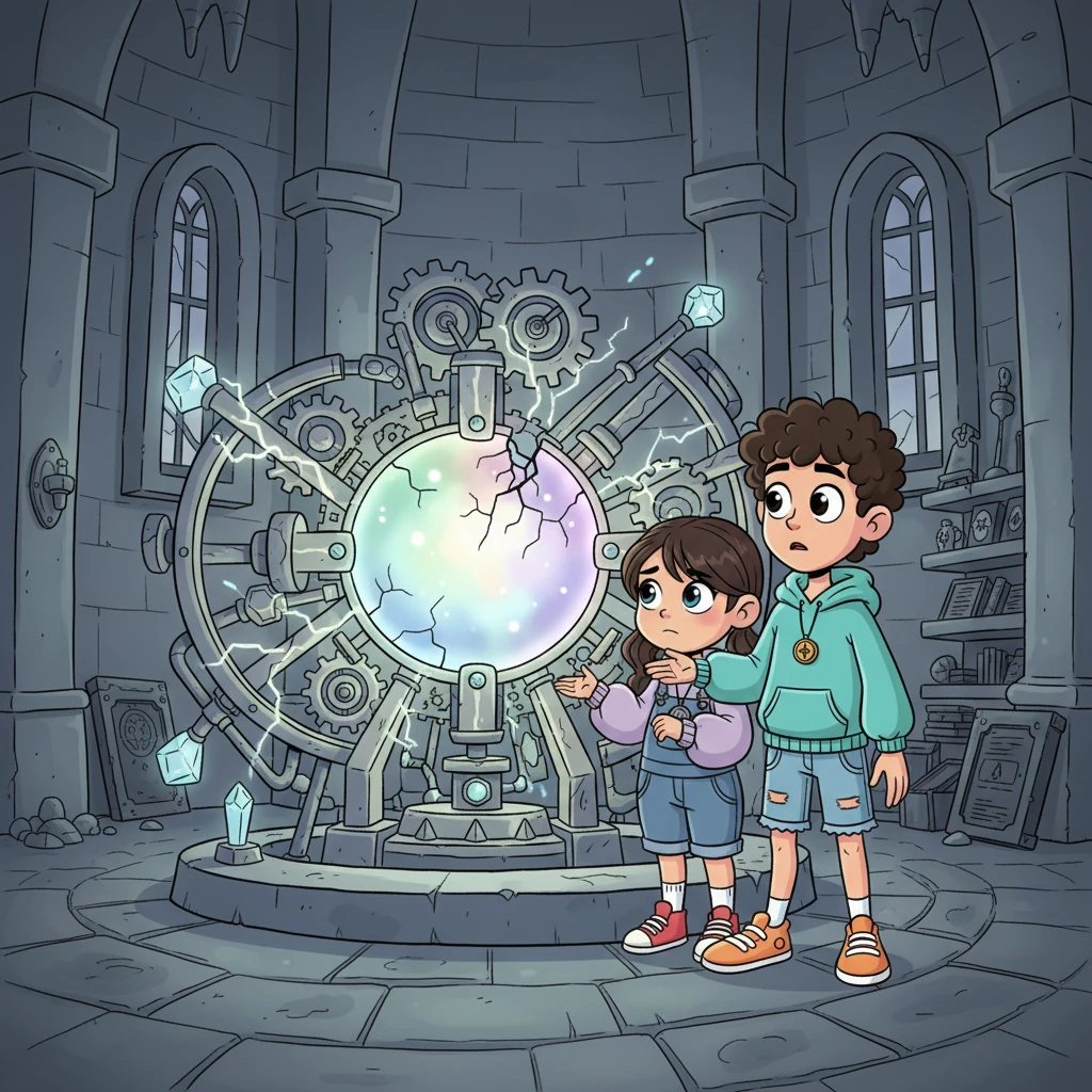 Inside the tower, a large, intricate machine pulsed with a fractured, flickering light. Cracks spread across its surface like silent lightning. "This machine kept the city alive," Luna explained, her voice soft. "When it broke, silence took over everything."