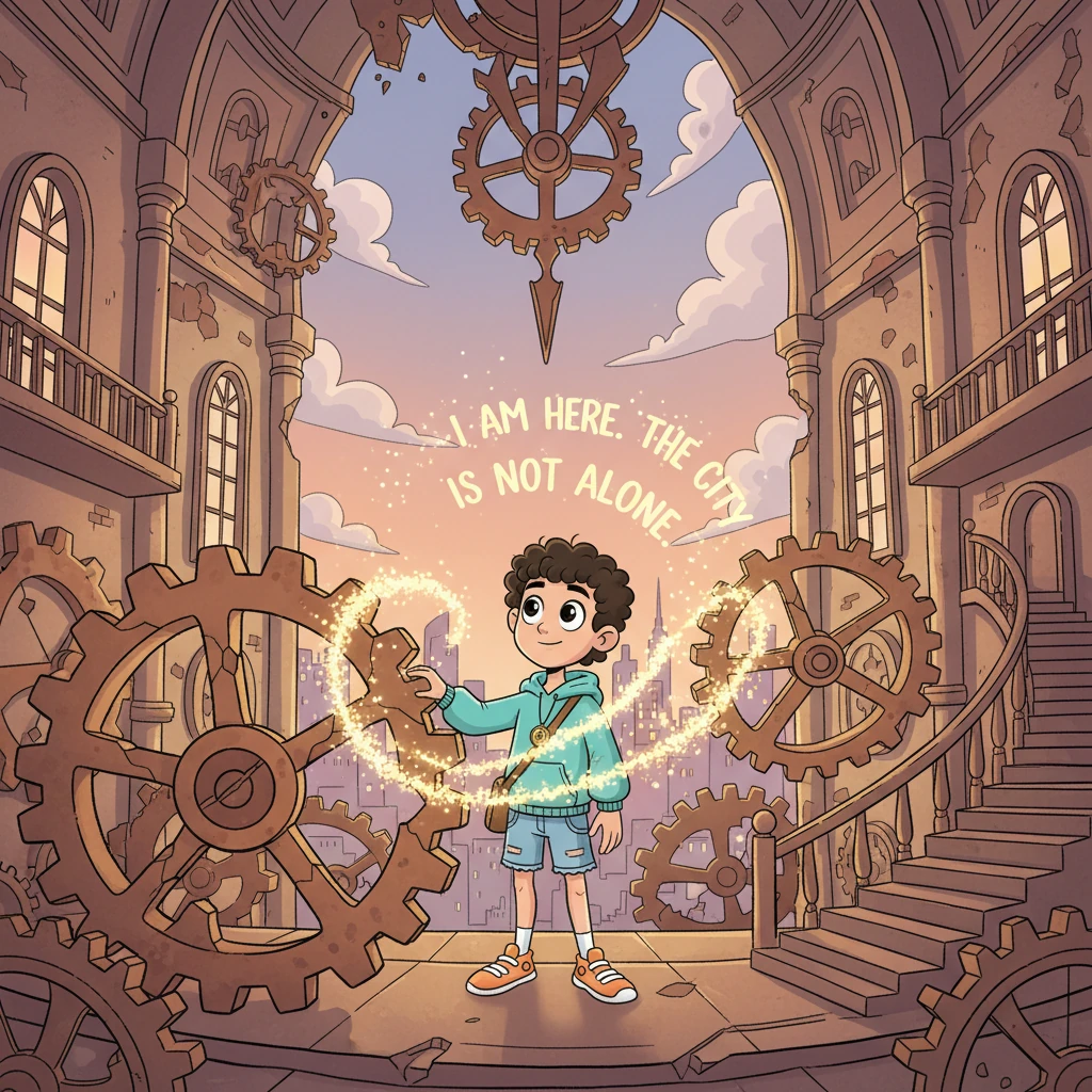 He spoke then, not loudly, but with a quiet honesty that resonated through the vast tower. "I am here. The city is not alone." The simple, heartfelt words echoed, warm and strong, touching the broken machine.