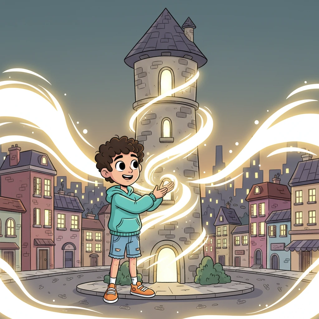 A wave of brilliant, warm light spread from Eli through the tower, then cascaded outwards into the city. The city seemed to take a deep, natural breath. Windows gently closed, lights flickered on and off in a lively rhythm, and distant, soft footsteps could be heard returning.