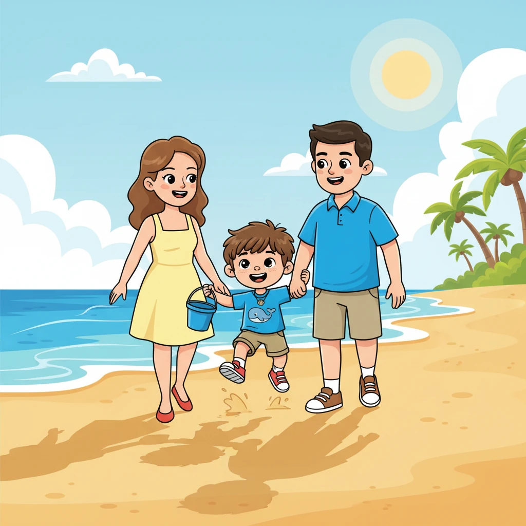 Leo, a curious boy with a bright blue bucket, was skipping along the sandy beach with his mom and dad. The sun was warm, and the waves whispered secrets to the shore.