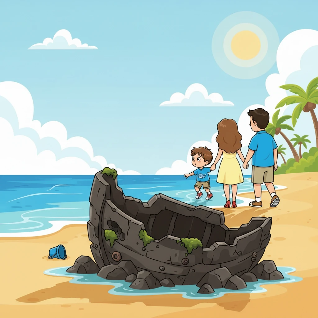 Suddenly, Leo stopped, his eyes wide. Farther down the beach, a giant, dark shape lay half-submerged in the sand. It was much bigger than any rock he'd ever seen.