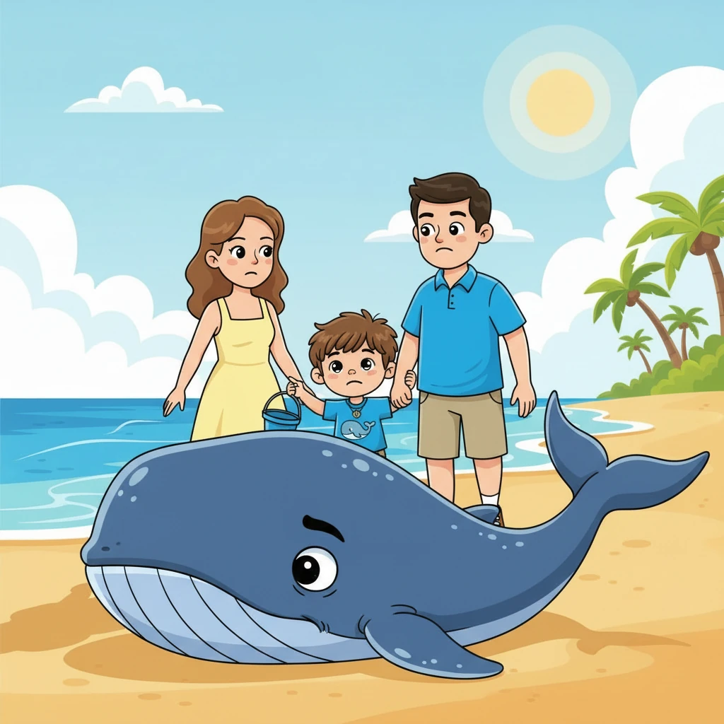 As they got closer, they realized it was a whale, its enormous body glistening under the sun. It looked sad and very, very stuck, letting out soft, worried sounds.