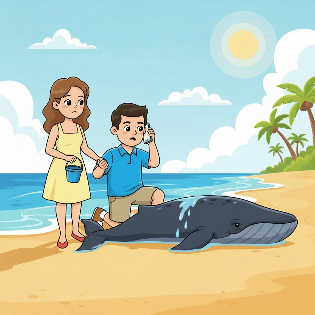 His dad carefully used his phone to call for help, explaining the situation to the kind people on the other end. Mom tried to pour water over the whale's back to keep it wet.