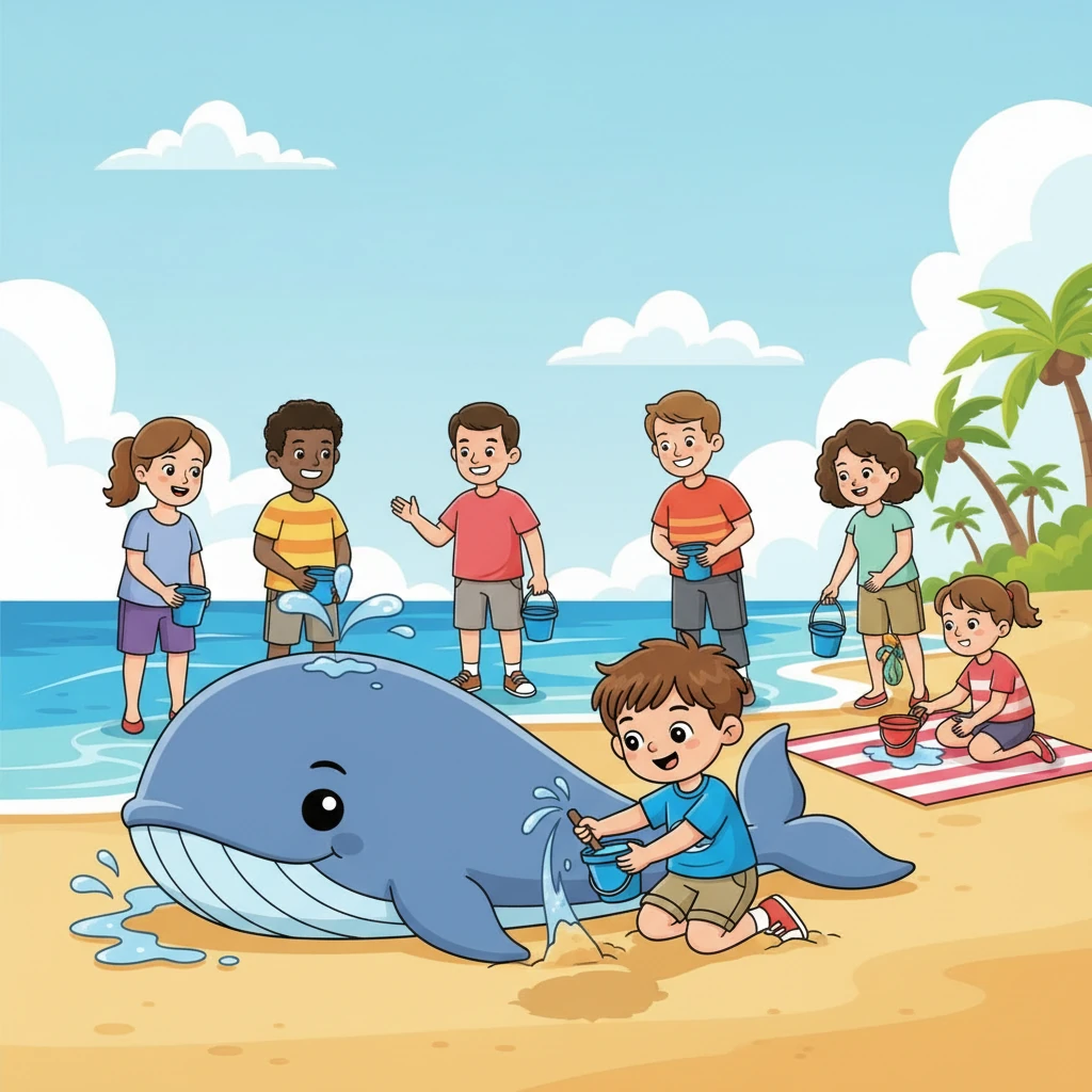 Soon, more people arrived, carrying buckets and blankets. Everyone worked together, splashing water and digging away the sand around the whale's massive body.
