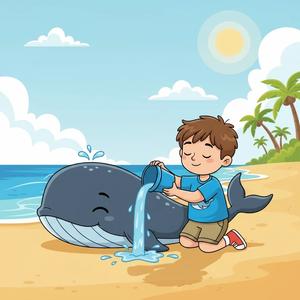 Leo helped too, carefully filling his blue bucket with seawater and pouring it over the whale's drying skin. He felt a connection to the gentle giant.