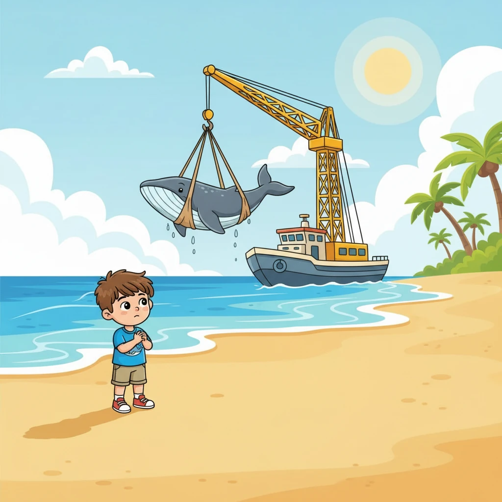 After what felt like a very long time, a special boat with a big crane arrived. Slowly and carefully, they managed to lift the whale and guide it back into the deeper ocean.