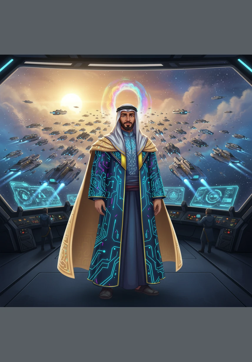 Captain Khalid stands on the bridge of his flagship, the Pearl of the East, overlooking a massive fleet of starships. His traditional robes are woven with glowing fiber optics, reflecting the golden light of a distant sun as the fleet prepares to jump into hyperspace.