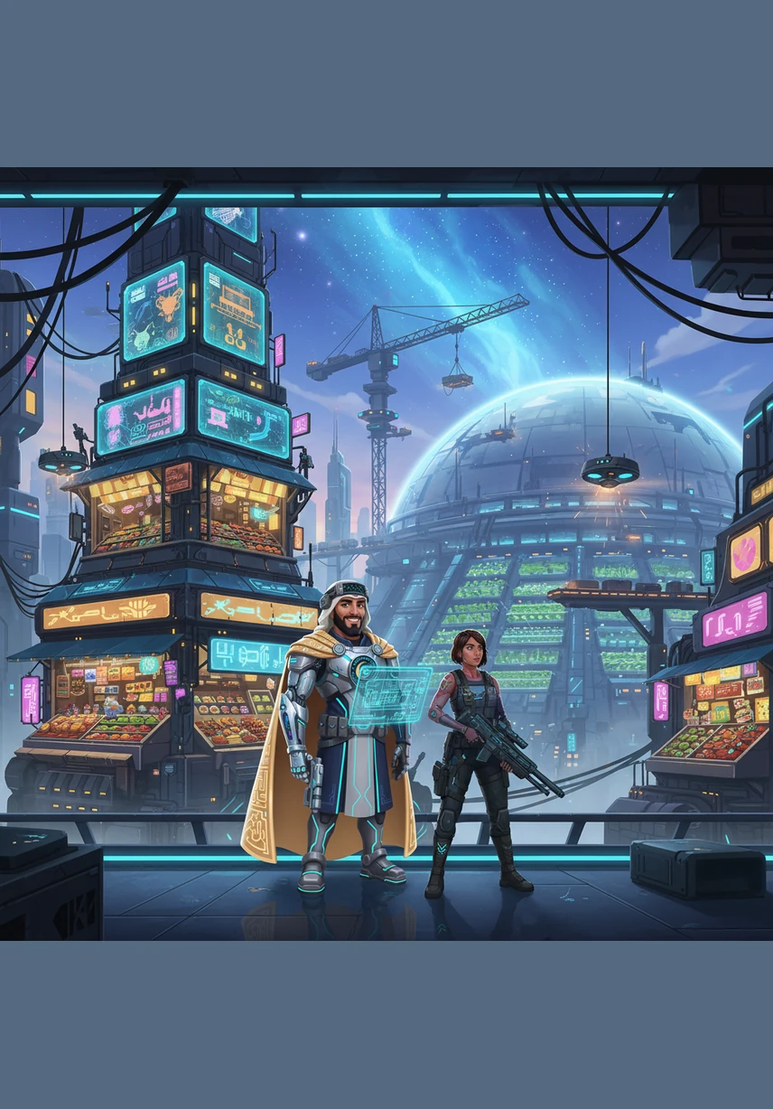 A grand space colony begins to take shape, featuring towering white spires and intricate geometric arches that blend future technology with traditional design. Neon signs in elegant calligraphy light up the bustling space-souks where merchants from different worlds gather.
